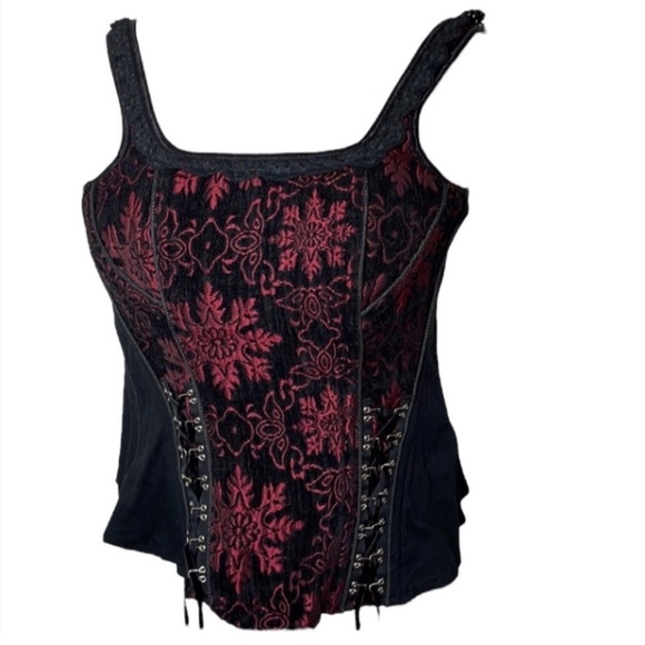 Tripp Corset Bustier Top Black Red Snow Brocade Under Bust Ties Zipper Boned L - Picture 1 of 16